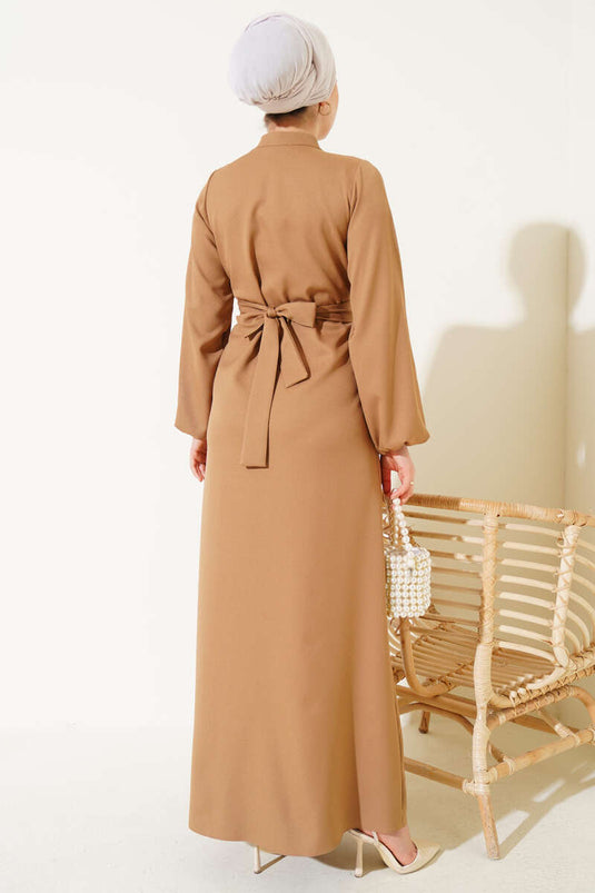 Robe à cordon avec col à demi-boutons Camel