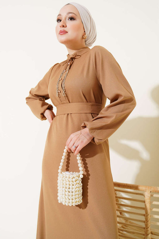 Robe à cordon avec col à demi-boutons Camel