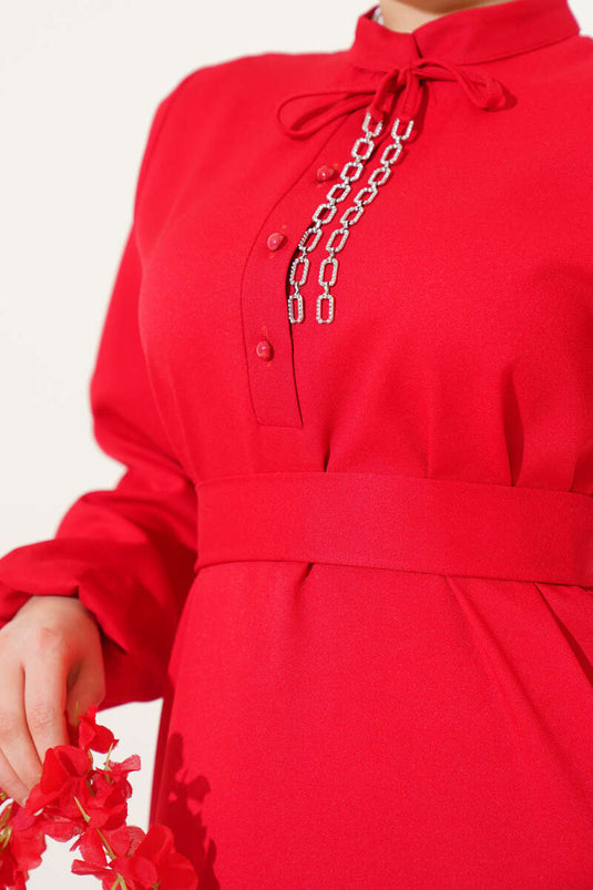 Stringkleid mit halblangem Knopfkragen Rot