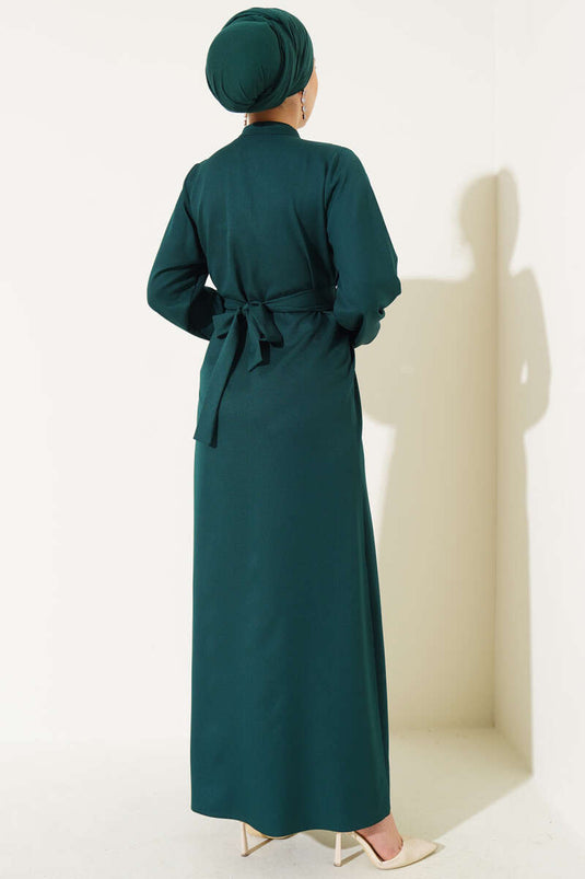 Robe à cordon avec col à demi-boutons, couleur émeraude