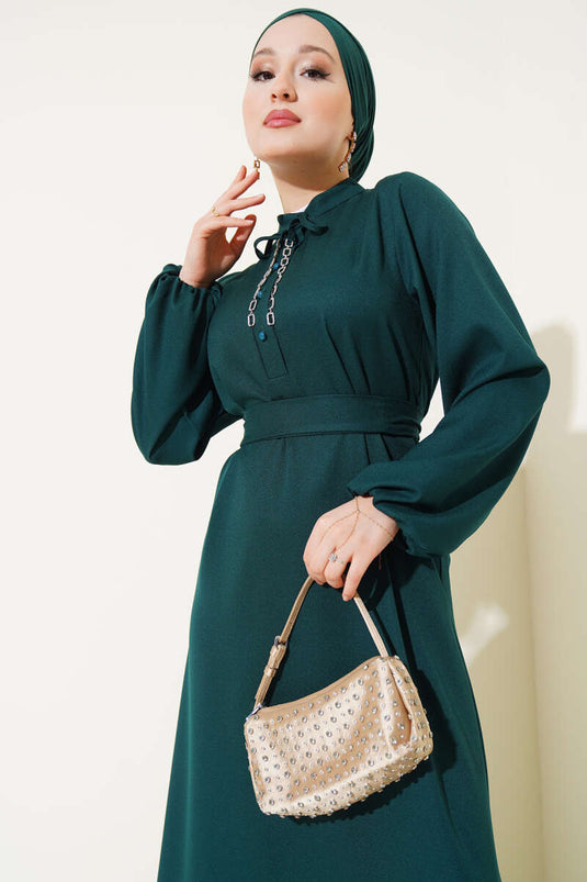 Robe à cordon avec col à demi-boutons, couleur émeraude