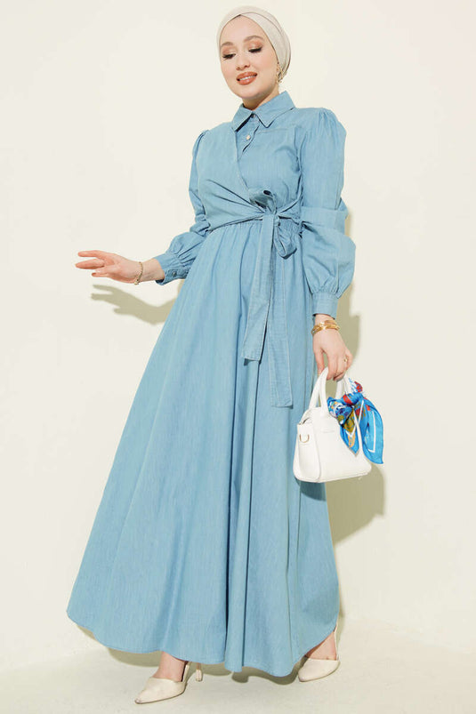 Yarım Düğmeli Yan Bağlamalı Kot Elbise Açık Mavi