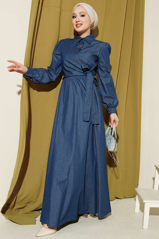 Yarım Düğmeli Yan Bağlamalı Kot Elbise Mavi