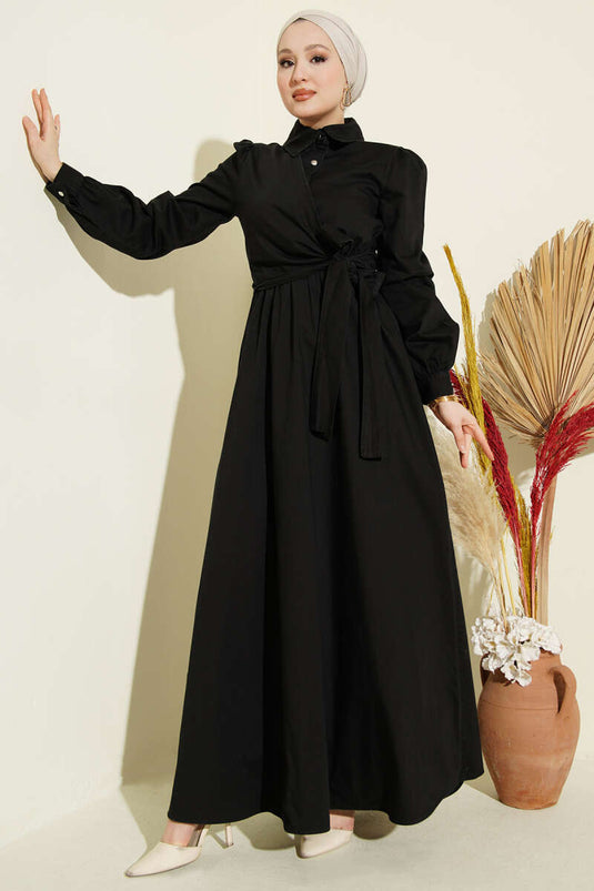 Yarım Düğmeli Yan Bağlamalı Kot Elbise Siyah
