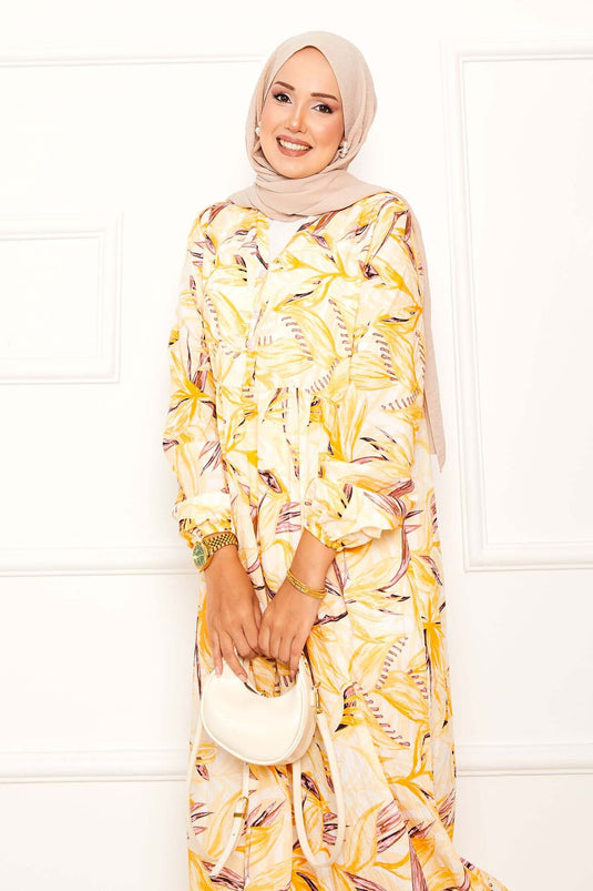 Halbgeknöpftes Modalkleid mit Blattmuster Gelb