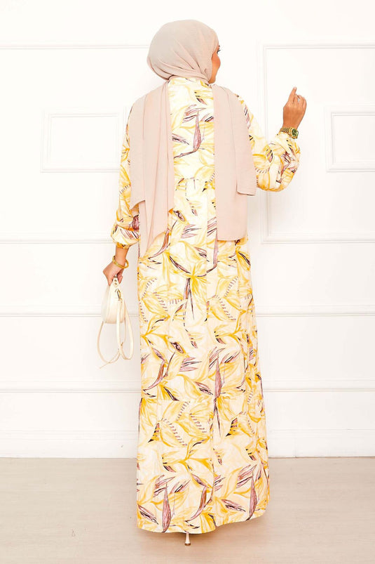 Halbgeknöpftes Modalkleid mit Blattmuster Gelb