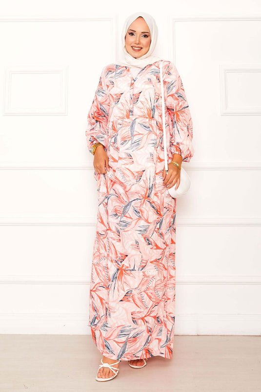 Robe en modal à motif feuilles et demi-boutonnée Saumon