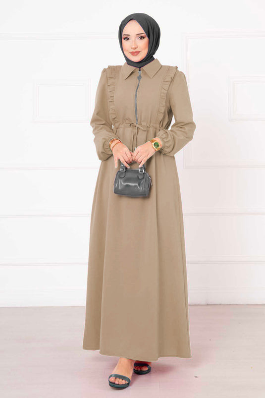 Halflange rits, geplooide gedetailleerde hijabjurk in beige