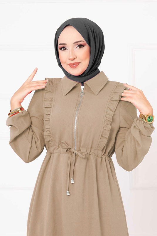 Halflange rits, geplooide gedetailleerde hijabjurk in beige