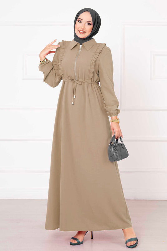 Halflange rits, geplooide gedetailleerde hijabjurk in beige