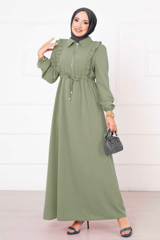 Yarım Fermuarlı Fırfır Detaylı Tesettür Elbise Mint