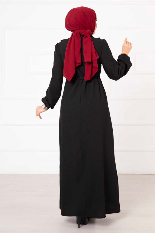 Hijab-Kleid mit halbem Reißverschluss und Rüschendetail in Schwarz