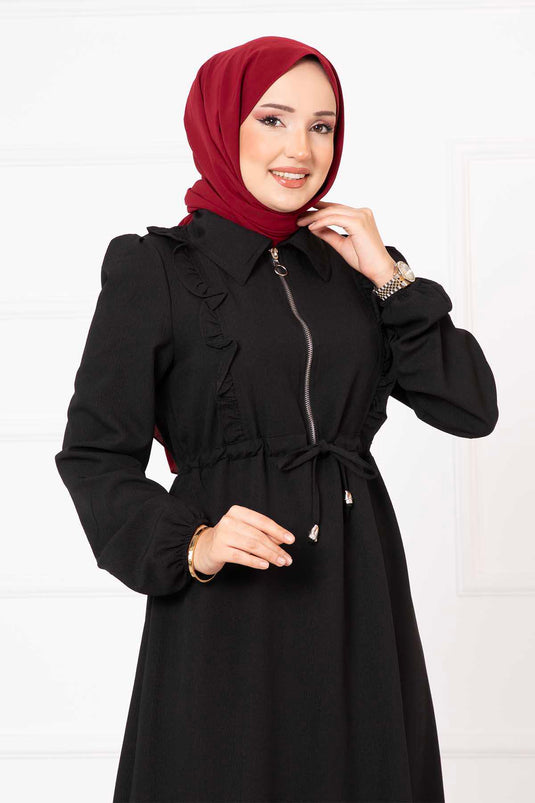 Hijab-Kleid mit halbem Reißverschluss und Rüschendetail in Schwarz