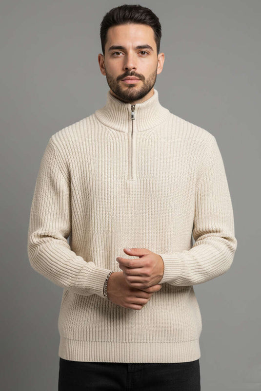 كنزة بياقة عالية وسحاب نصفي، لون حجري