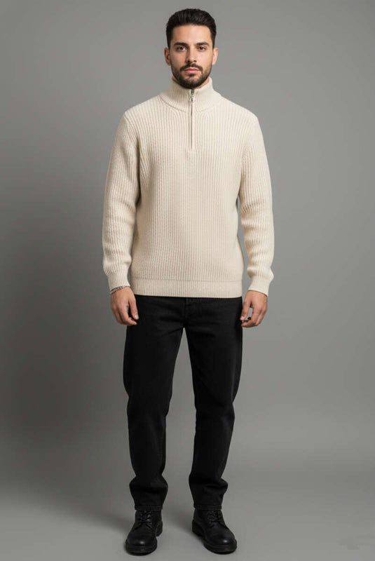 كنزة بياقة عالية وسحاب نصفي، لون حجري