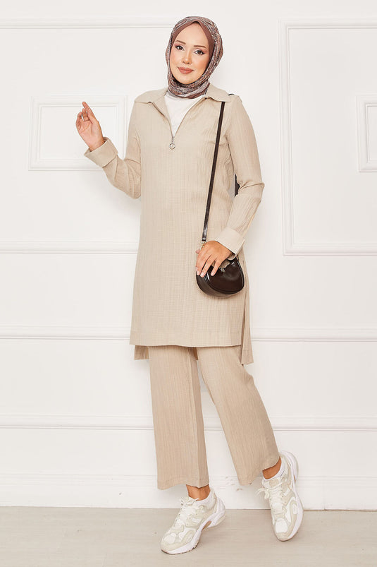 Half Zipper Detailed Two-Piece Suit Beige