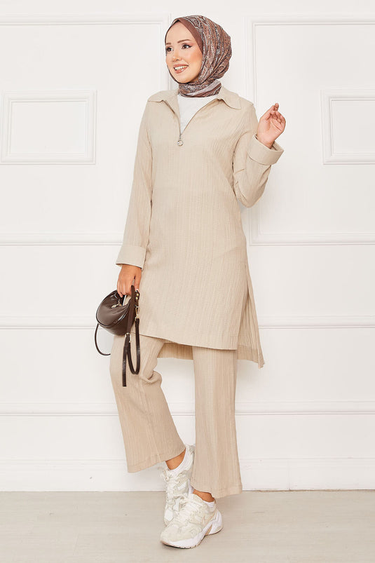 Half Zipper Detailed Two-Piece Suit Beige