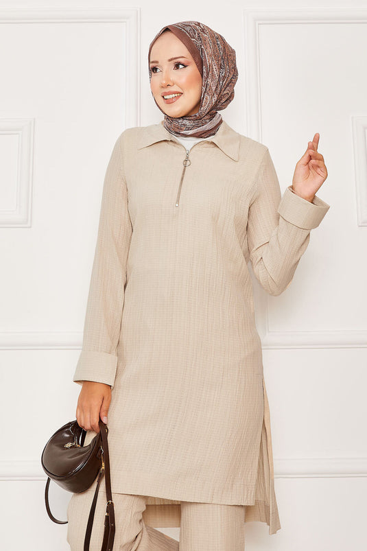 Half Zipper Detailed Two-Piece Suit Beige