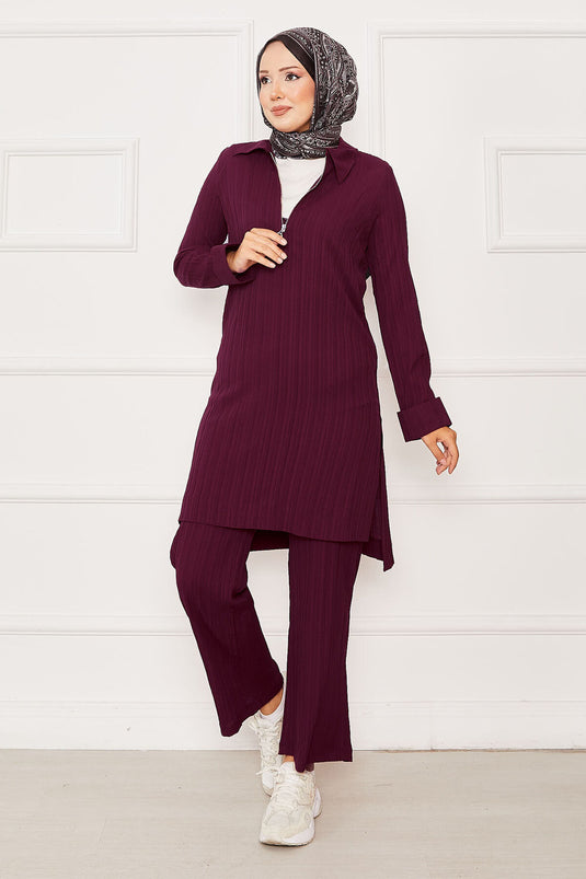 Half Zipper Detailed Two Piece Suit Burgundy