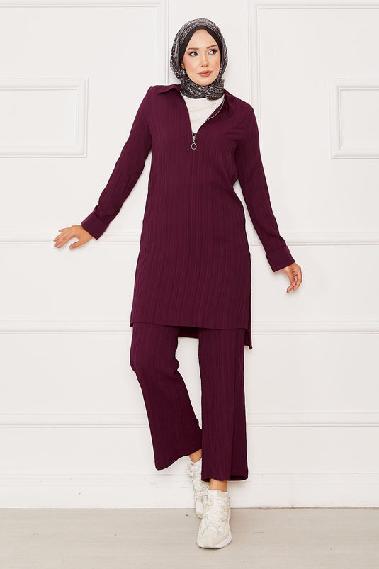 Half Zipper Detailed Two Piece Suit Burgundy