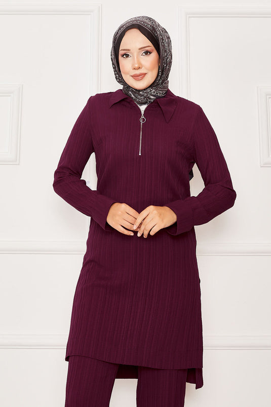 Half Zipper Detailed Two Piece Suit Burgundy