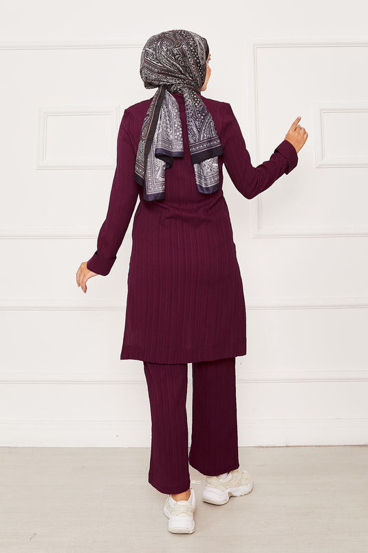 Half Zipper Detailed Two Piece Suit Burgundy