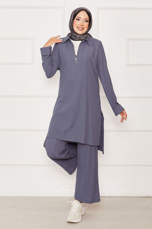 Half Zipper Detailed Two Piece Suit Gray