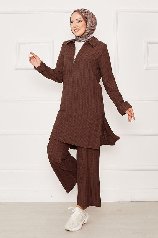Half Zipper Detailed Two Piece Suit Brown