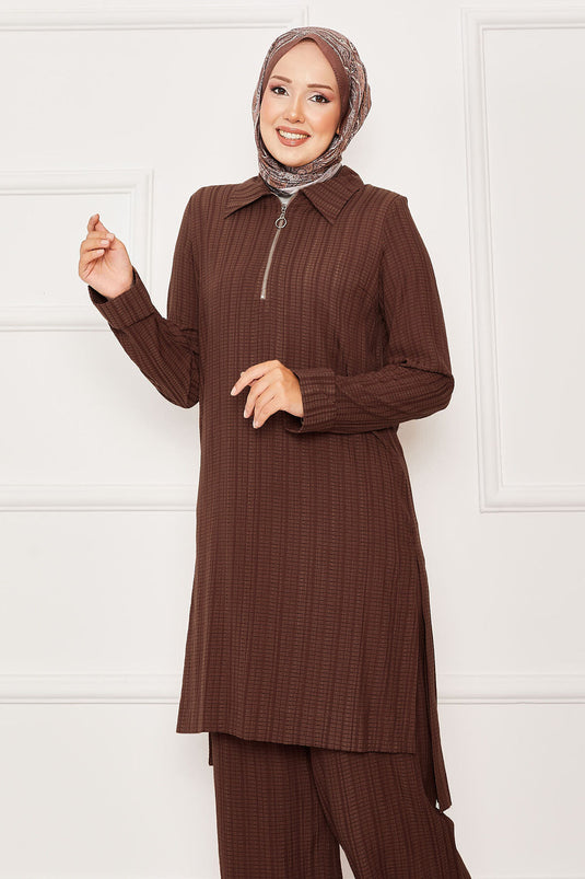 Half Zipper Detailed Two Piece Suit Brown