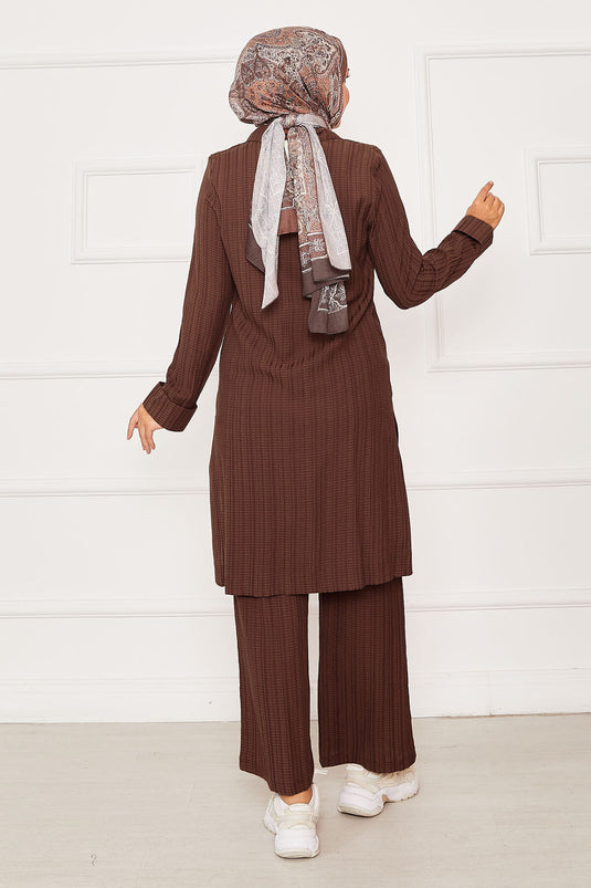 Half Zipper Detailed Two Piece Suit Brown