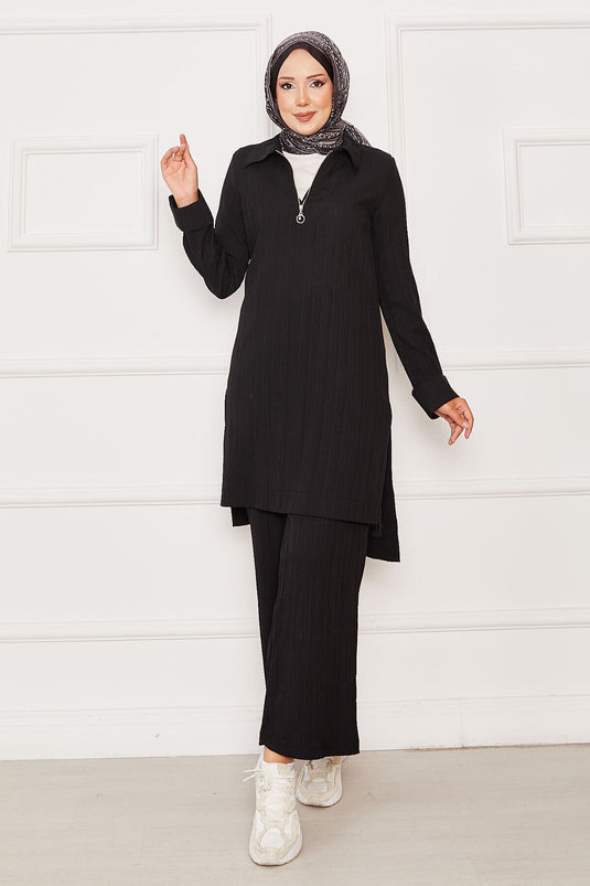 Half Zipper Detailed Two Piece Suit Black