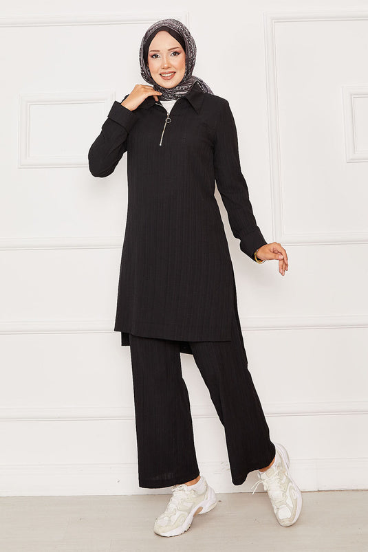 Half Zipper Detailed Two Piece Suit Black
