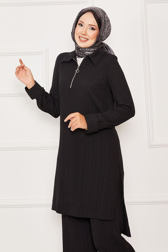 Half Zipper Detailed Two Piece Suit Black