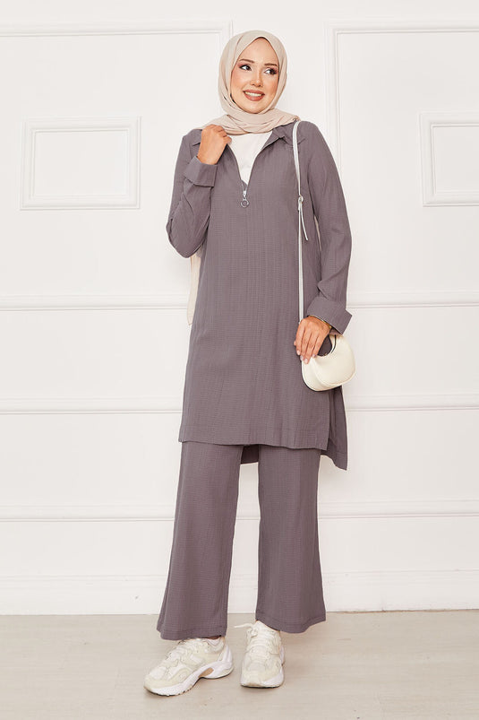 Half Zipper Detailed Two Piece Mink Suit