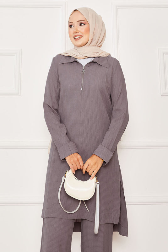 Half Zipper Detailed Two Piece Mink Suit