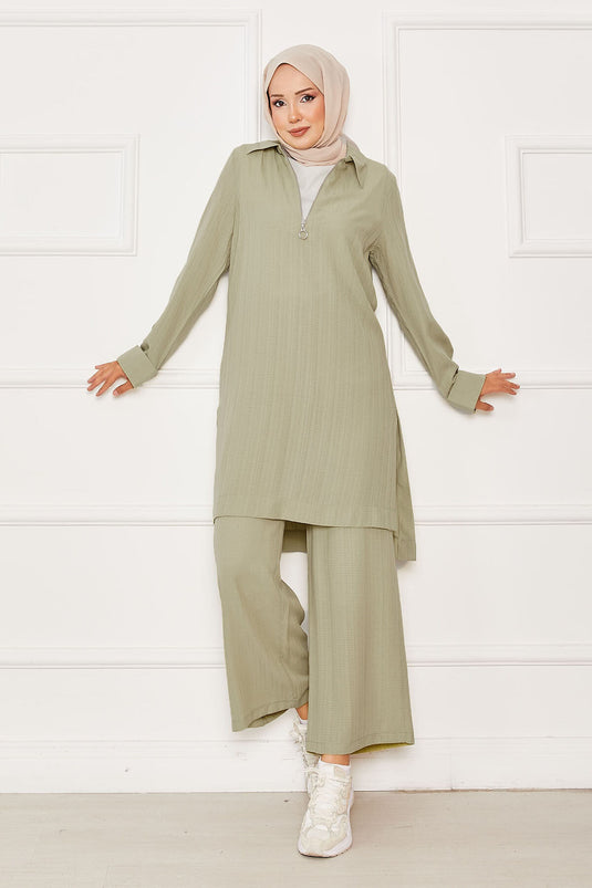 Half Zipper Detailed Two Piece Suit Oil Green