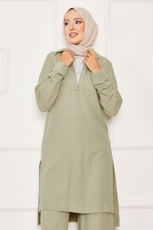 Half Zipper Detailed Two Piece Suit Oil Green