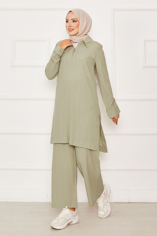 Half Zipper Detailed Two Piece Suit Oil Green