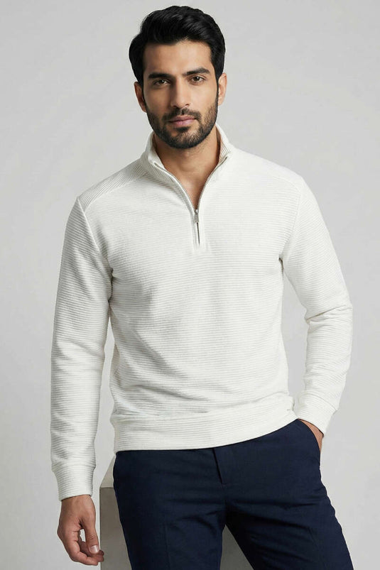 Sweat-shirt pour homme à demi-fermeture éclair en tissu côtelé blanc