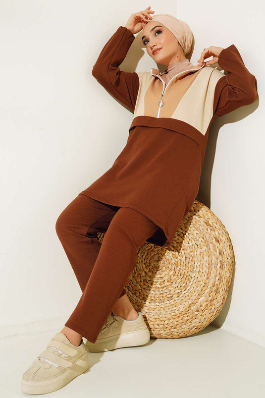 Krepp-Doppelset mit halbem Reißverschluss, Braun