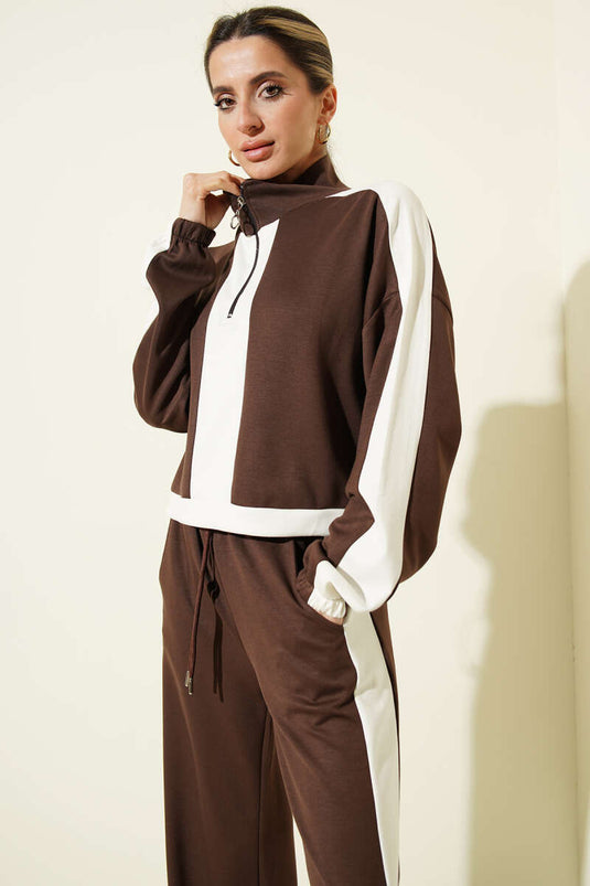 Half-Zip Fleece Sweatshirt Two-Piece Set Brown