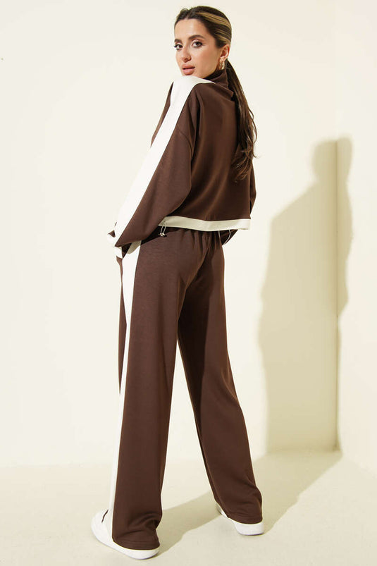 Half-Zip Fleece Sweatshirt Two-Piece Set Brown