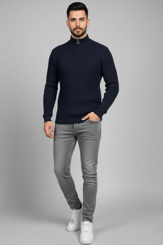 Half-Zip Rice Stitch Men's Sweater Navy Blue