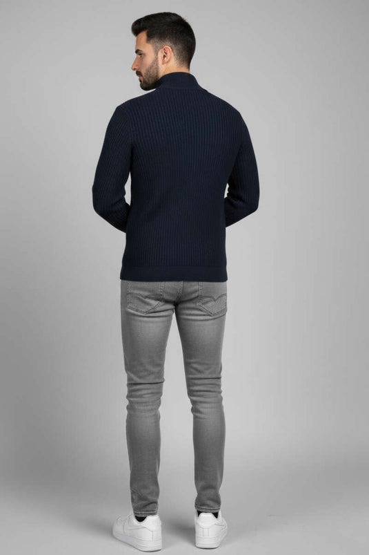 Half-Zip Rice Stitch Men's Sweater Navy Blue