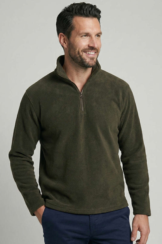 سويت شيرت رجالي من الصوف بنصف سحاب بلون زيتي