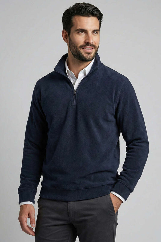 سويت شيرت رجالي من الصوف بسحاب نصف طولي باللون الأزرق الداكن