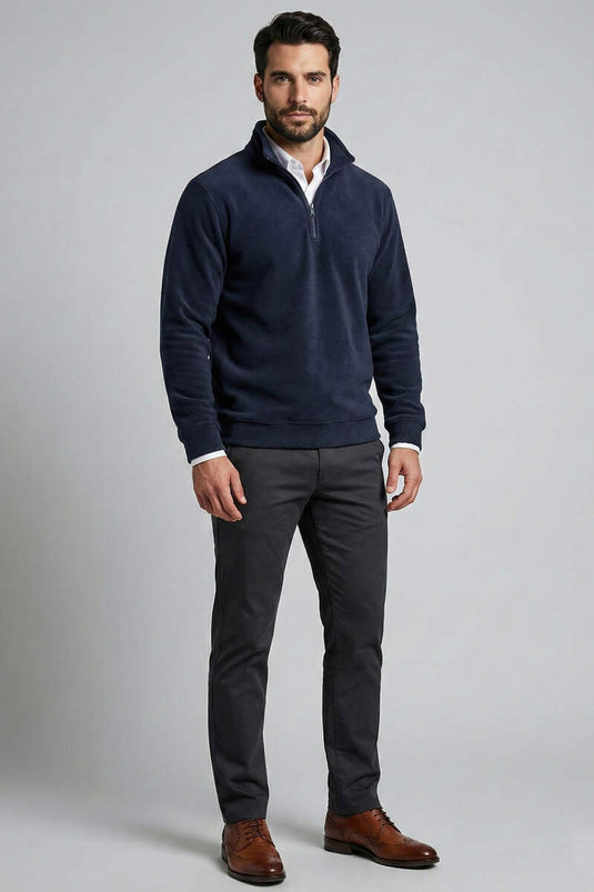 سويت شيرت رجالي من الصوف بسحاب نصف طولي باللون الأزرق الداكن