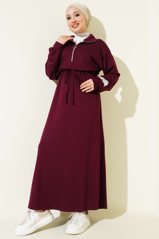 Half-Zip Embellished Loisha Dress, Burgundy