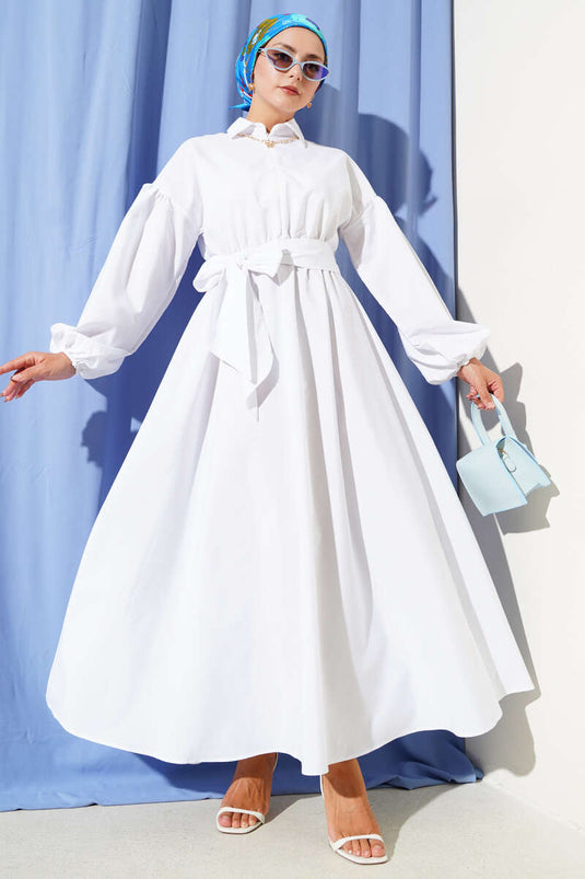 Robe Terikoton blanche à manches ballon et demi-fermeture éclair