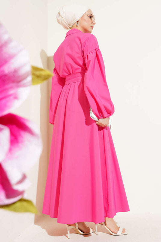 Terikoton-Kleid mit halbem Reißverschluss und Ballonärmeln in Fuchsie